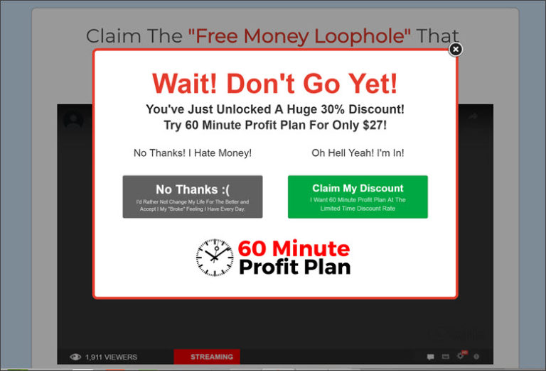 Pop up Discount on Sales Page of 60 Minute Profit Plan